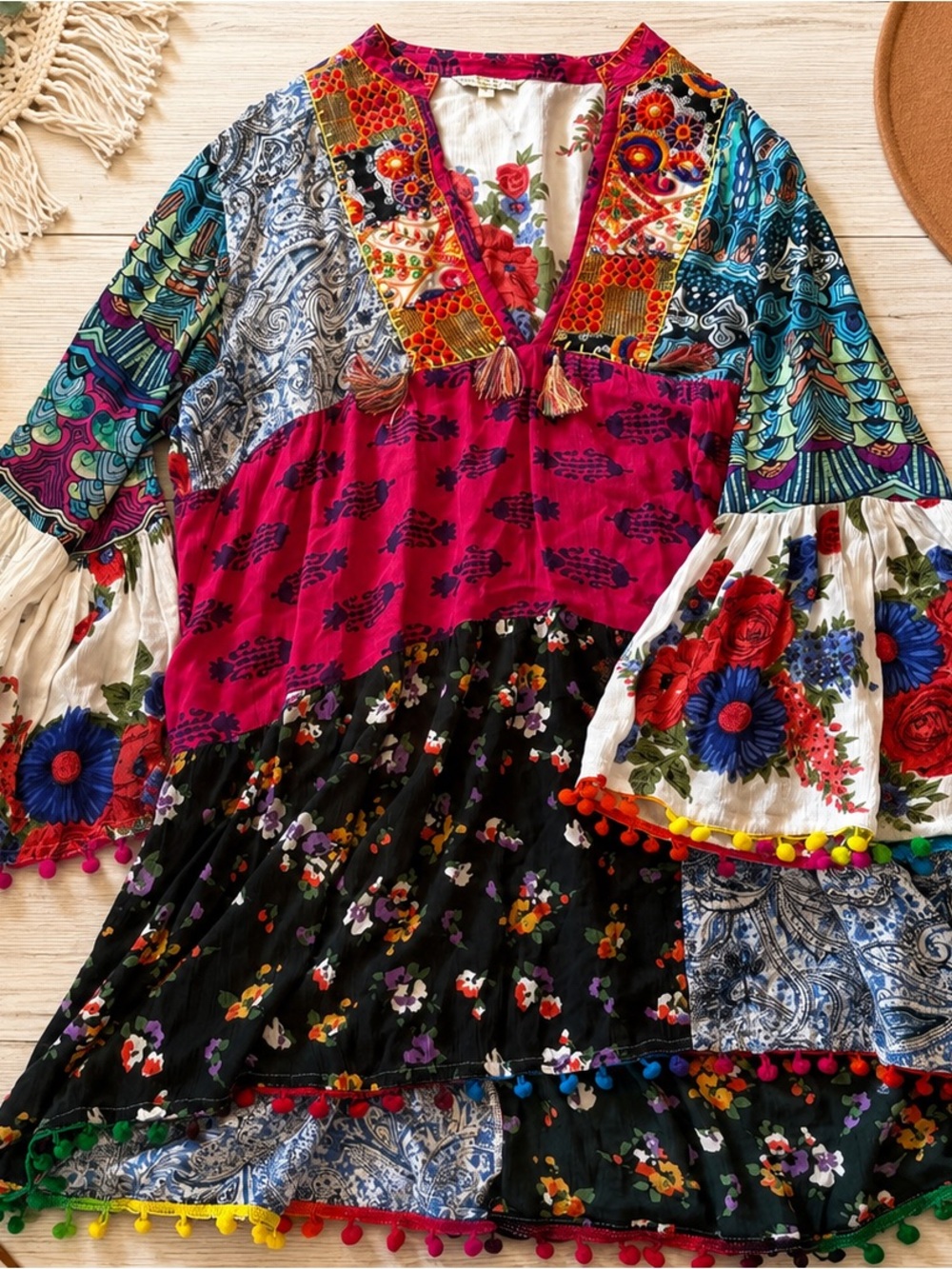 Anandas Collection Colorful Boho Patchwork Tunic Top Tassels | Size Large